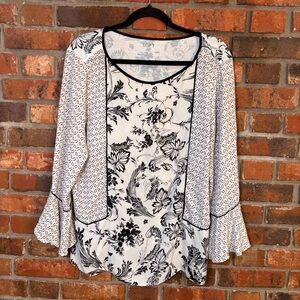 Loft outlet womens mixed print bell sleeve contrast piping top black/white M